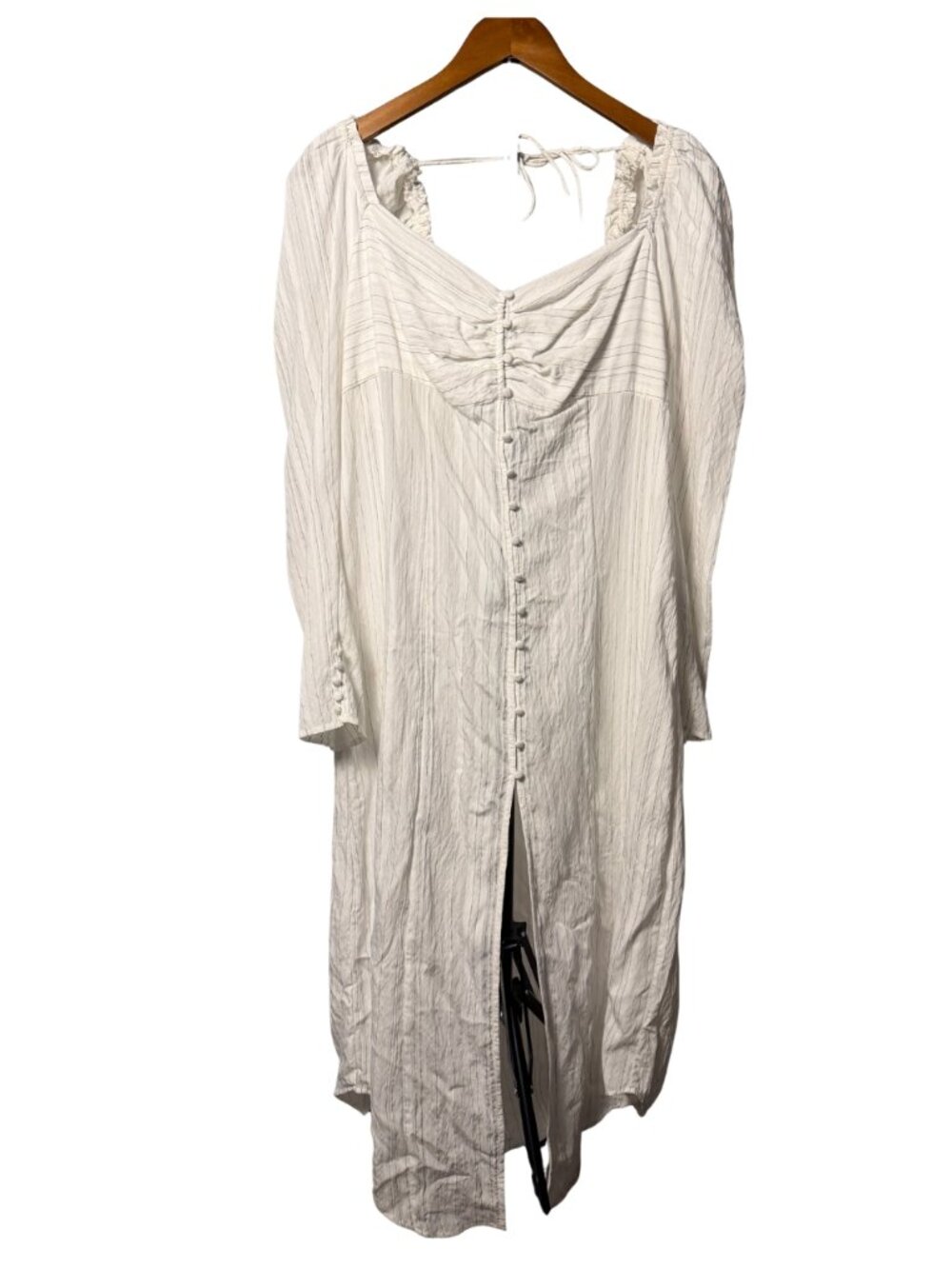 Free People Ivory Pinstripe Button-Front Puff Sleeve Maxi Dress Large